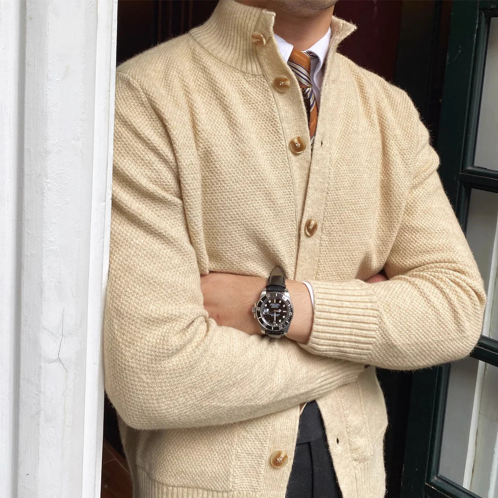 Judge Collar Textured Knit Cardigan