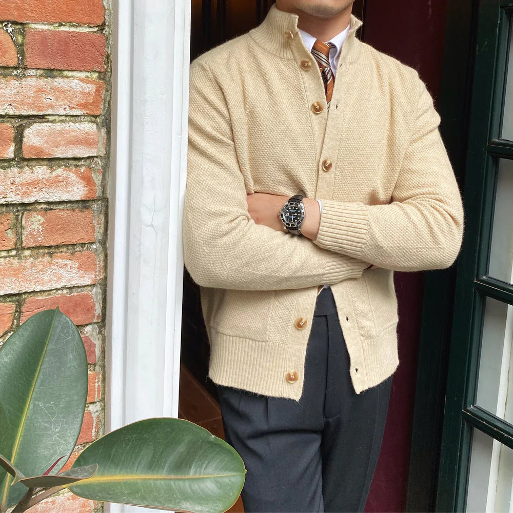 Judge Collar Textured Knit Cardigan