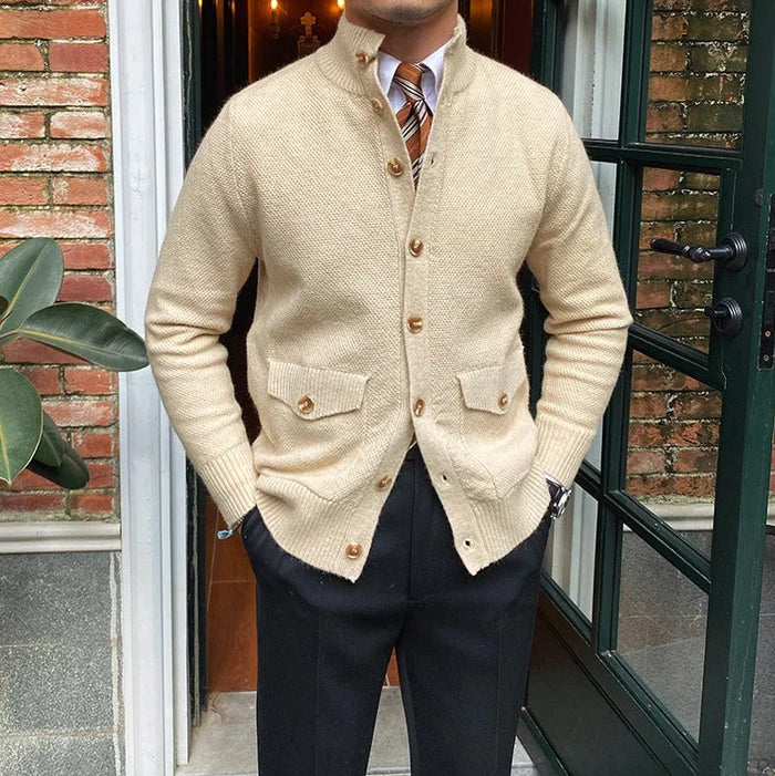 Judge Collar Textured Knit Cardigan