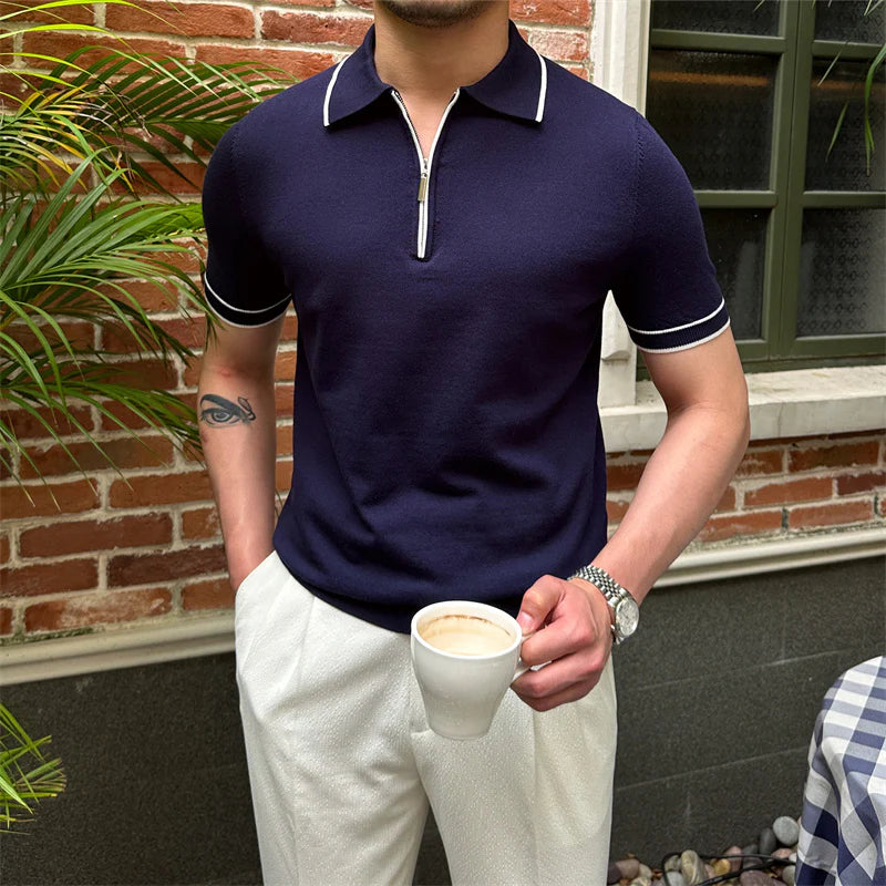 Contrast Detail Zippered Polo