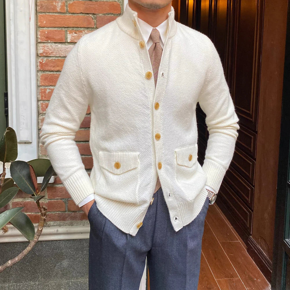 Judge Collar Textured Knit Cardigan
