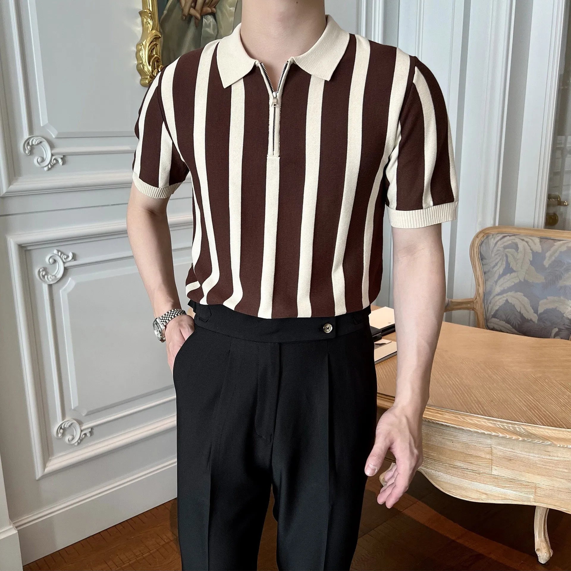 Half Zipper Striped Classic Polo T-shirt