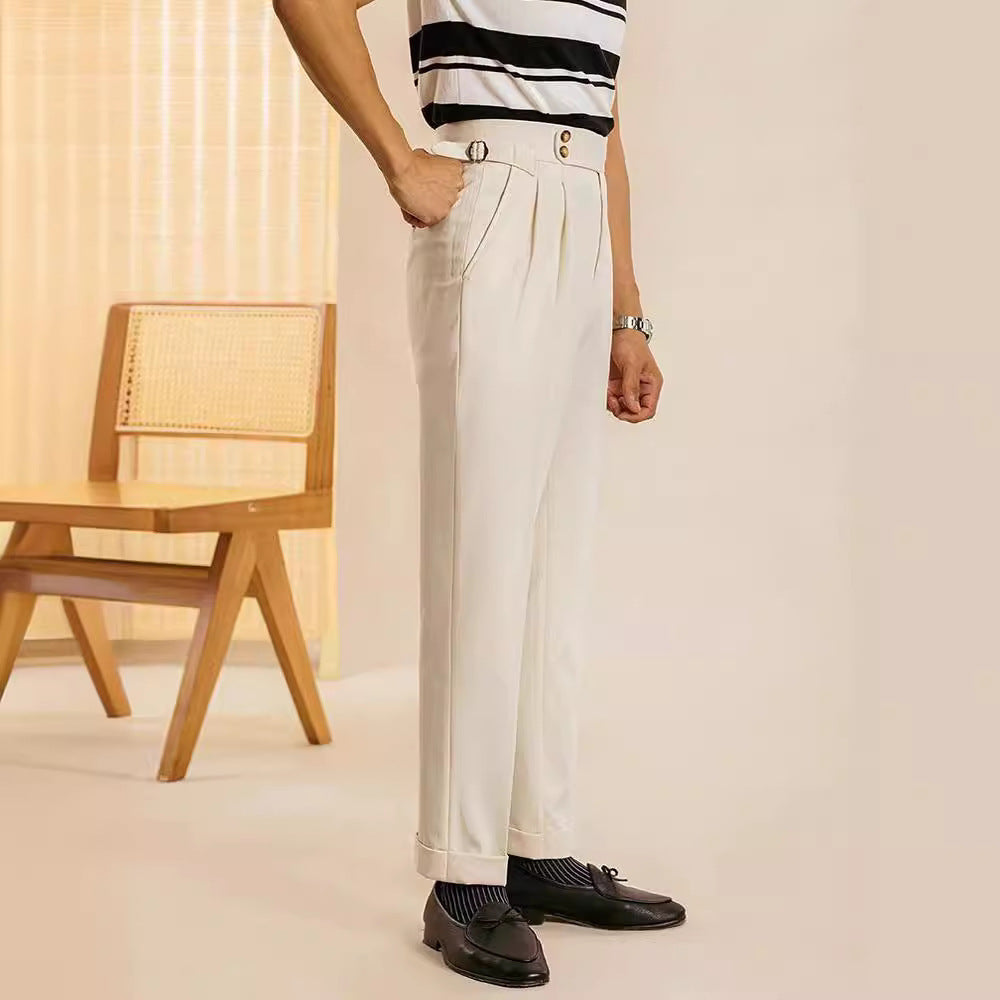 Double Buttoned Waist Buckle Fabric Pants