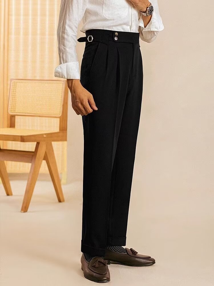Double Buttoned Waist Buckle Fabric Pants
