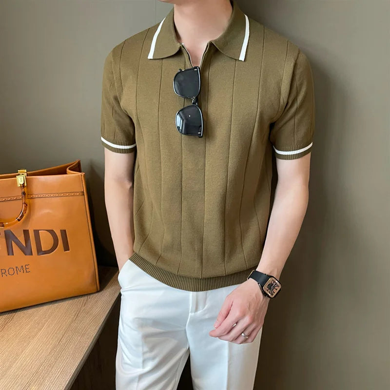 Zipper Collar Striped Polo