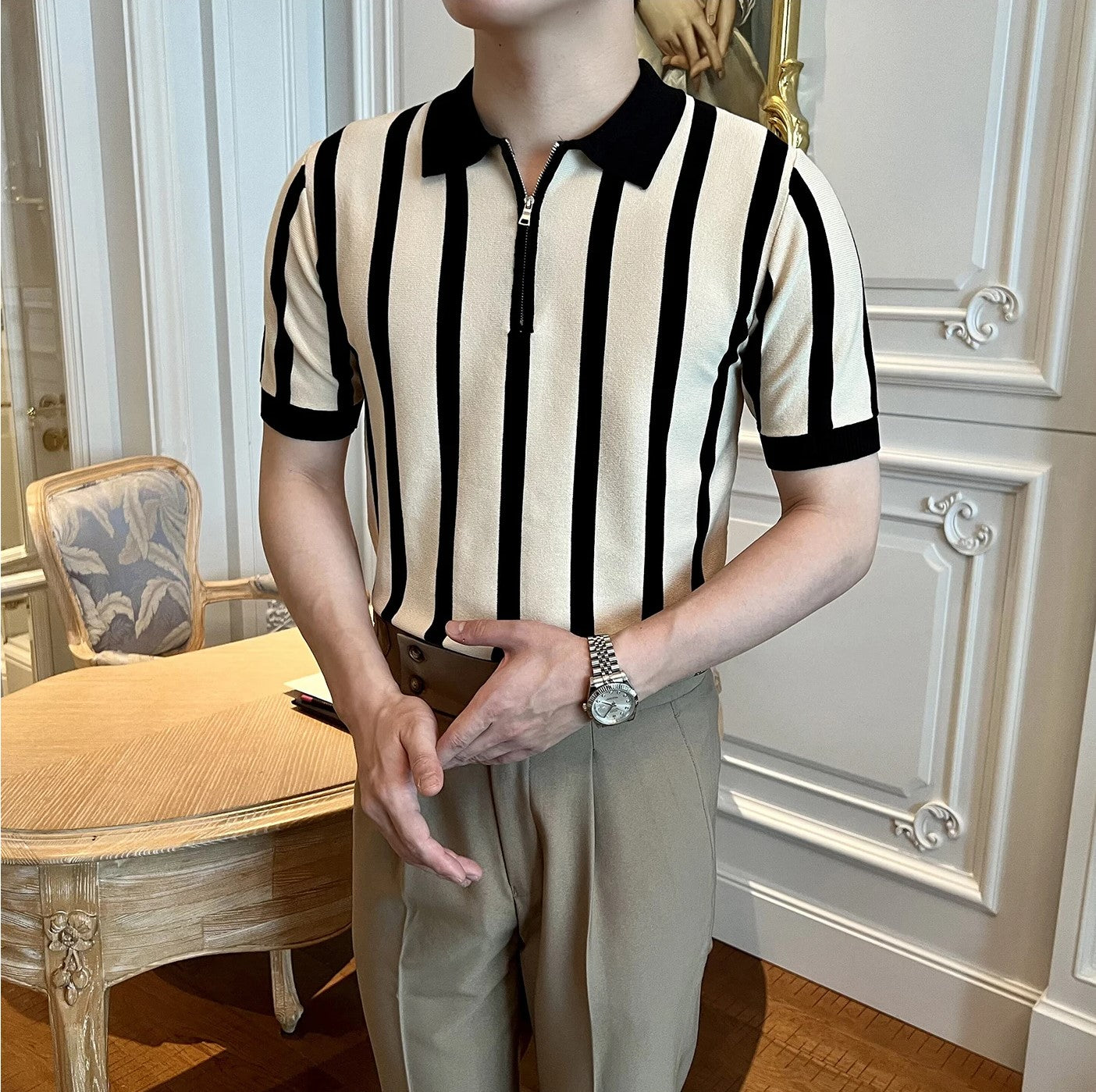 Half Zipper Striped Classic Polo