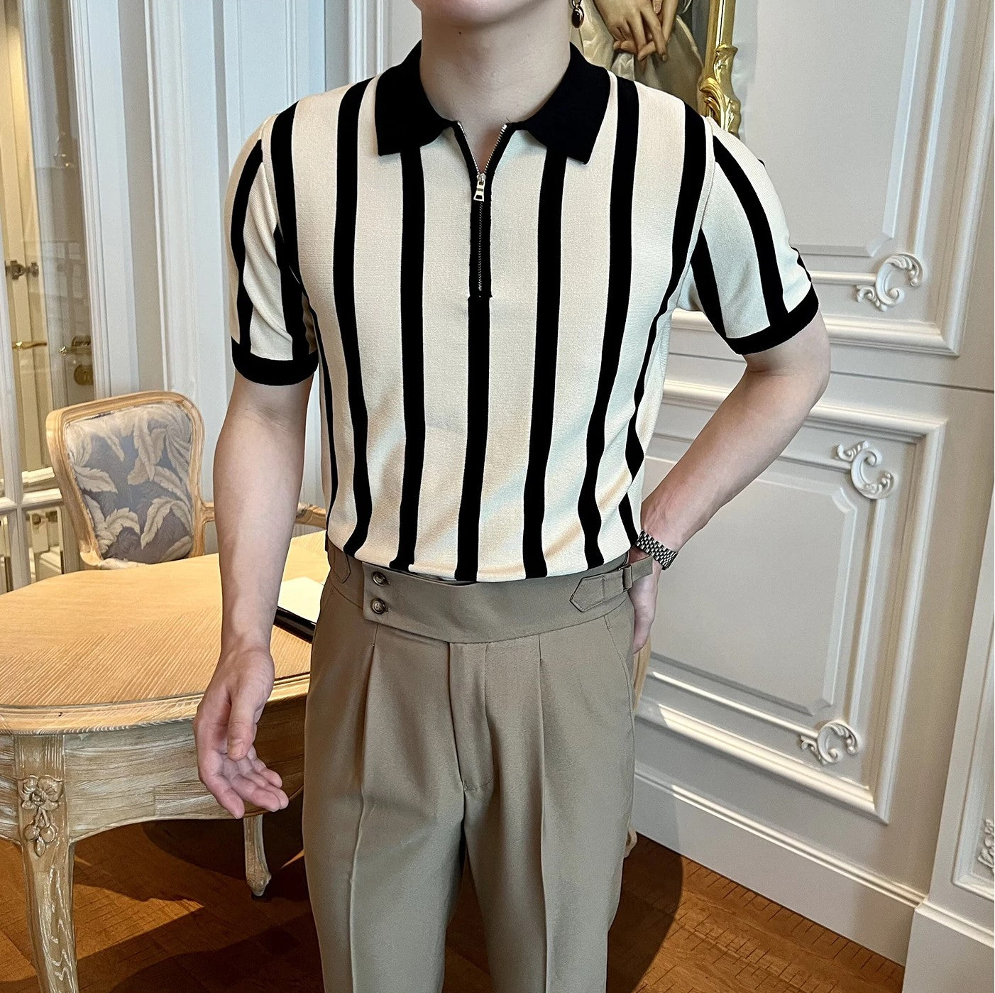 Half Zipper Striped Classic Polo