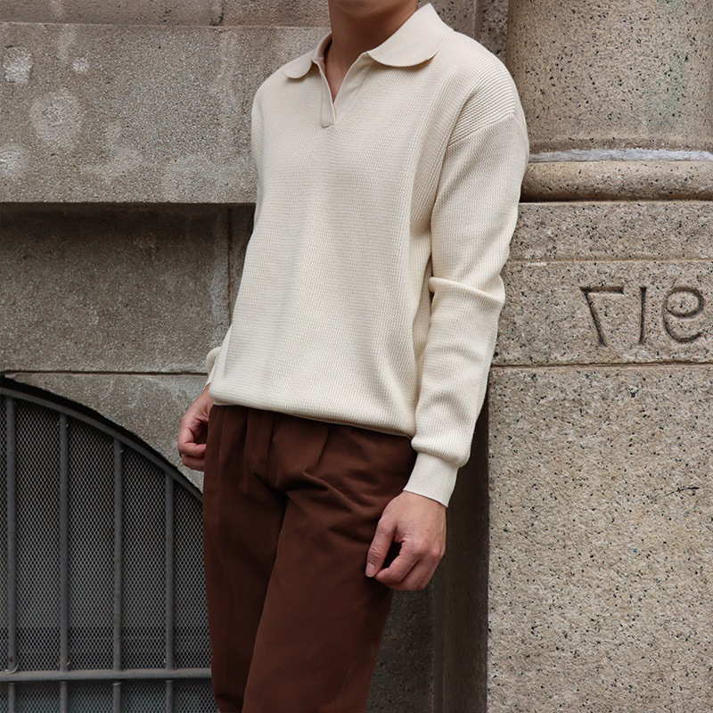 Vintage Textured Knit Polo Sweater