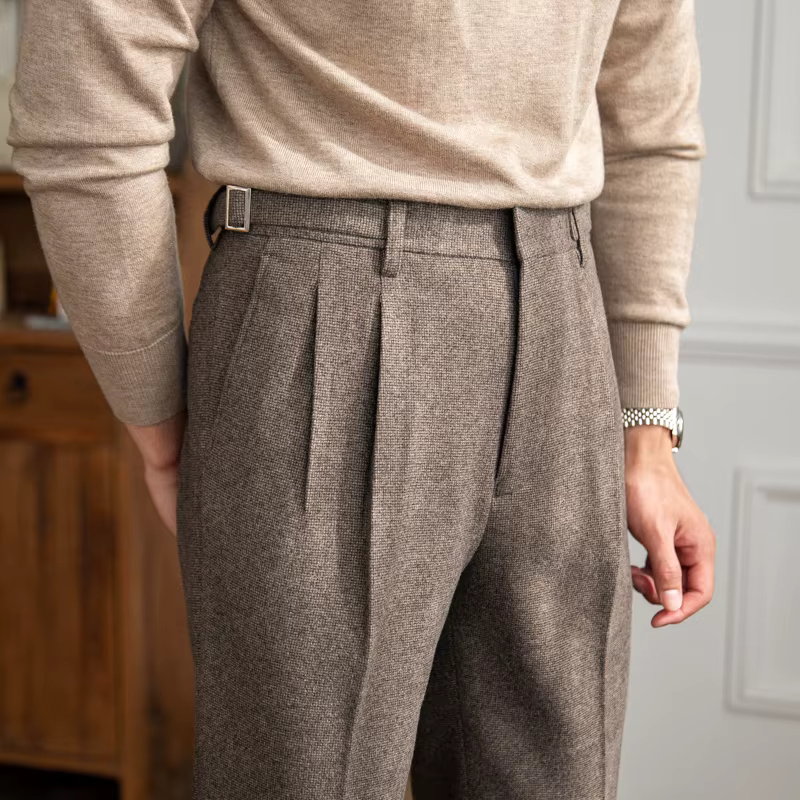 Italian Cut Belted Textured Fabric Pants