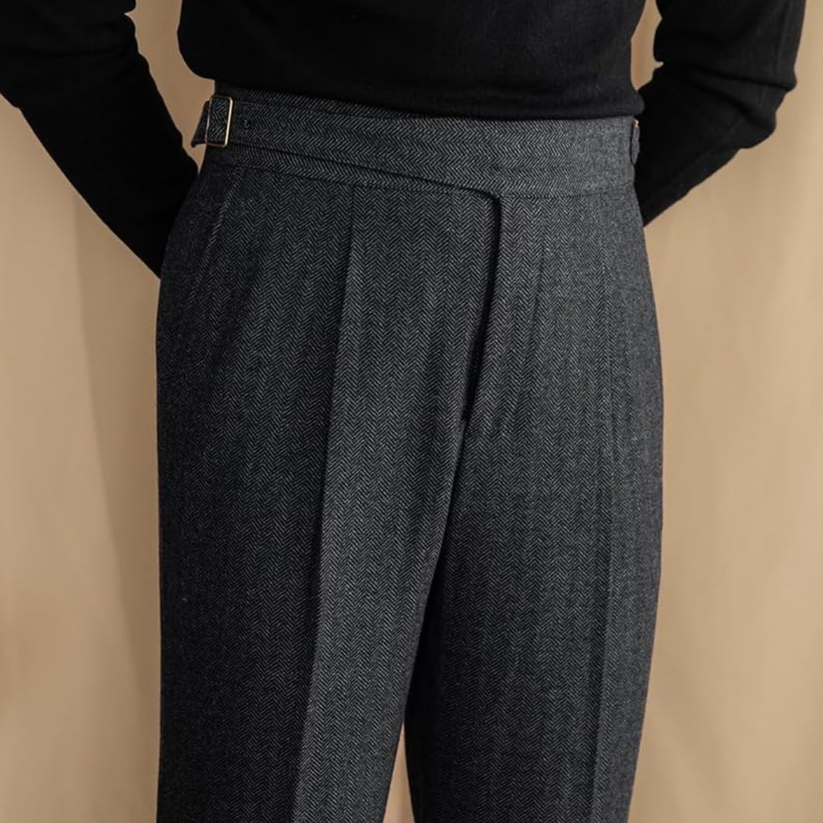 Double Buckle Wool Blend Fabric Pants