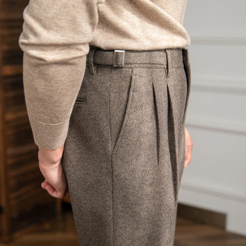 Italian Cut Belted Textured Fabric Pants