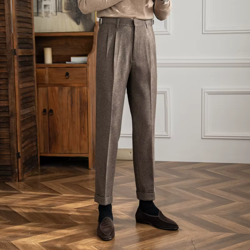 Italian Cut Belted Textured Fabric Pants
