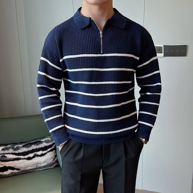 Half Zip Striped Knit Sweater