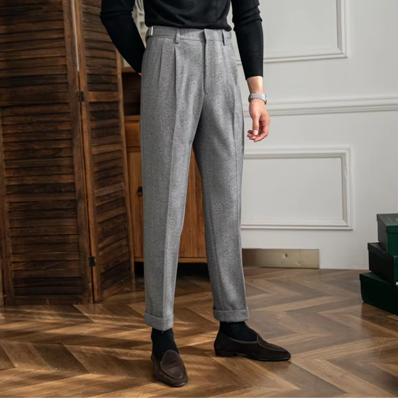 Italian Cut Belted Textured Fabric Pants