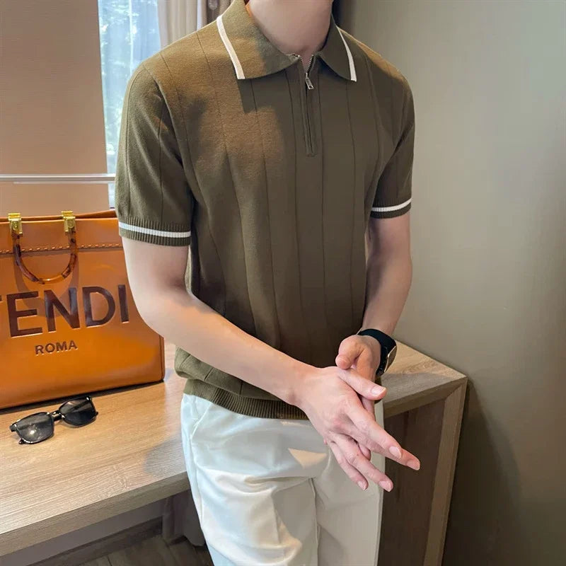 Zipper Collar Striped Polo